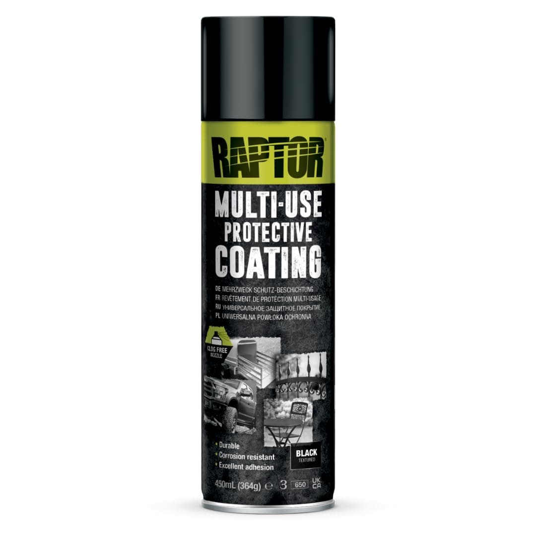 Raptor Liner U-POL Protective Coating Agent, Protective Coating, 1K Aerosol, RMUB/AL Black, 1 Component Type, DIY, Durable, Waterproof, UV Protection, Black