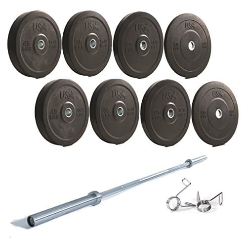 USA Sports Troy Barbell Solid Rubber Bumper Plate 275lb Set (Includes GOB-1200 32mm Bar and Spring Collars)
