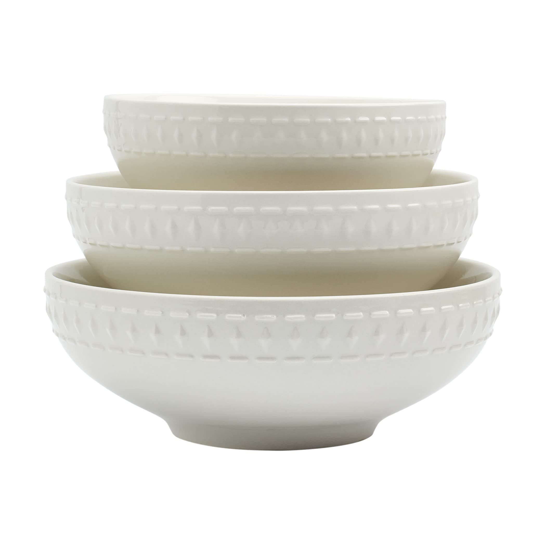 3 Piece Embossed Porcelain White Serving Bowls Set, Bloom