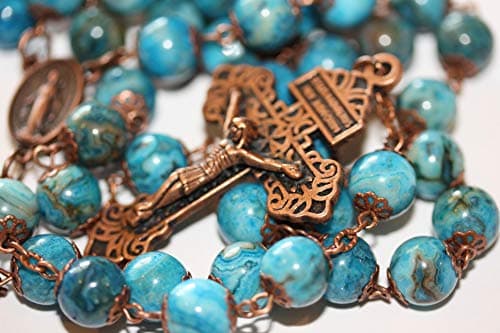 Blue Lace Dyed Jasper in Copper 5 Decade Catholic Rosary Made in Oklahoma with Pardon Crucifix