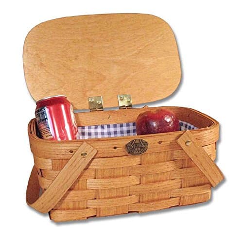 Peterboro Baskets Back to School Wood Lunch Picnic Basket with Blue White Checkered Lining - Natural Stain Finish