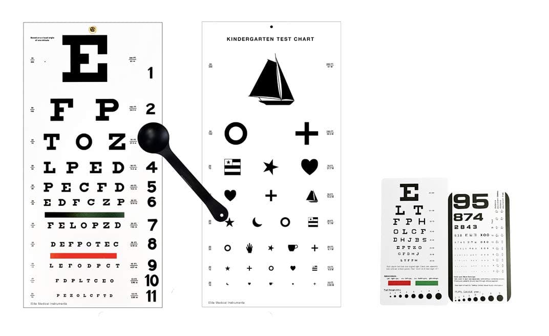 Elite Medical Instruments EMI 5 Piece Optometry Set - Snellen Wall Eye Chart, Kindergarten Wall Eye Chart, Snellen Pocket Eye Chart, Rosenbaum Pocket Eye Chart, Occluder