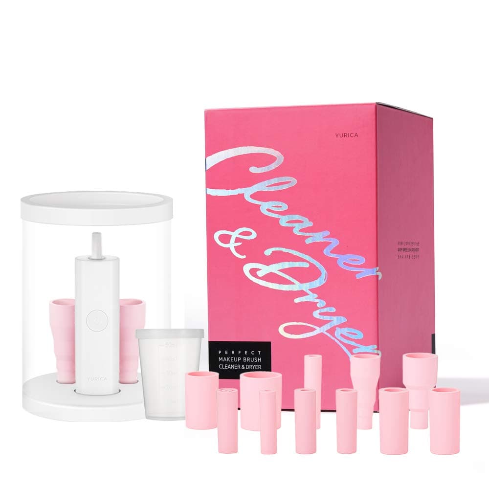 YURICA Perfect Makeup Brush Cleaner and Dryer - Automatic Makeup Brush Cleaning and Drying Spinner Machine with 11 Size Rubber Holders, Vessel and Stand. 2 in 1 Solution.
