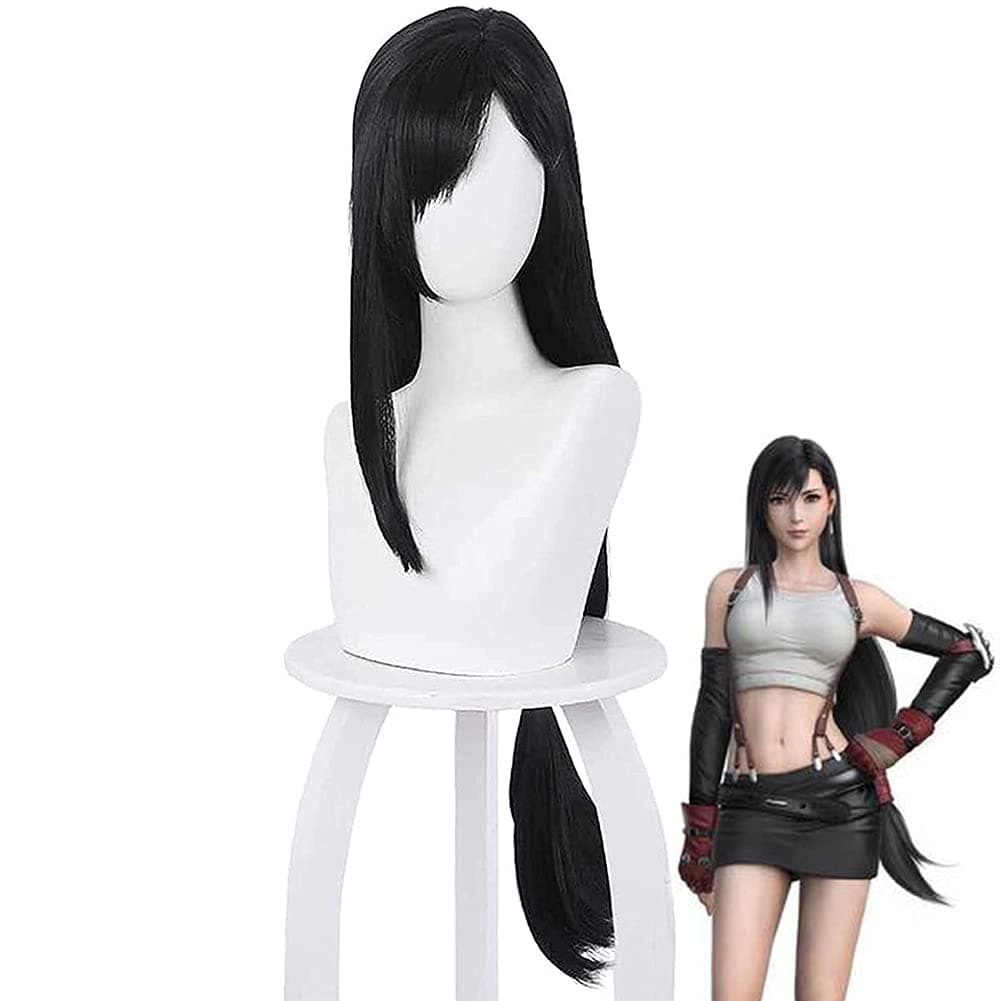 TLSD Tifa Lockhart Cosplay Wig Anime Long Black Straight Costume Hair for Women Halloween Party Synthetic Wigs