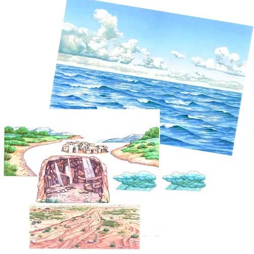 Story Time Felts Water & Sky Flannel Board Cover & Shoreline Cave City& Desert Overlays Scripture Stories Bible Precut Small makes 15x23 size felt board