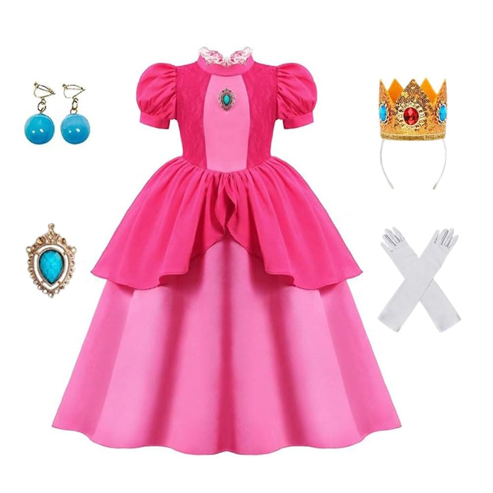 Ruichangxin Princess Peach Cosplay Costume Dress Girls Princess Peach Dress With Crown Gloves and Earrings Party Dress Up