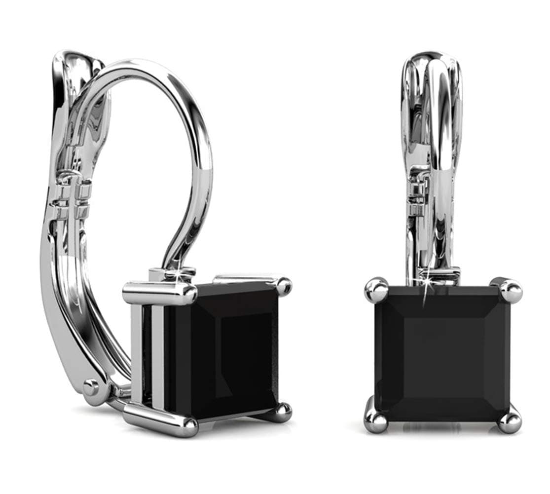 Jade Marie BLISSFUL Black Crystal Silver Earrings, 18k White Gold Plated Dangle Earring Set with Black Onyx Princess Cut Solitaire Swarovski Crystals