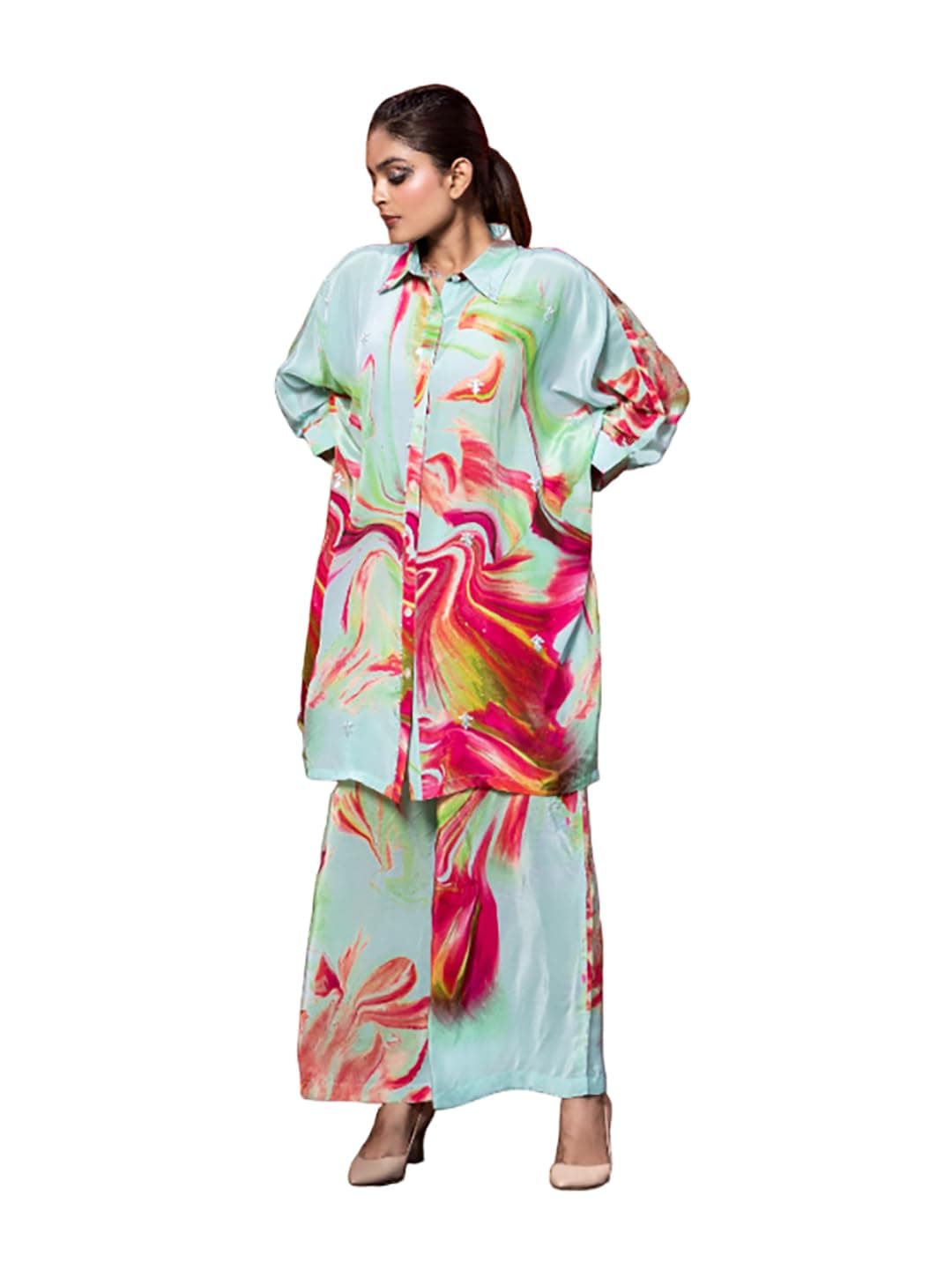 EARTH-O-FAB Aqua Colour Natural Crepe Kaftan Co-Ord Set with Hand Work