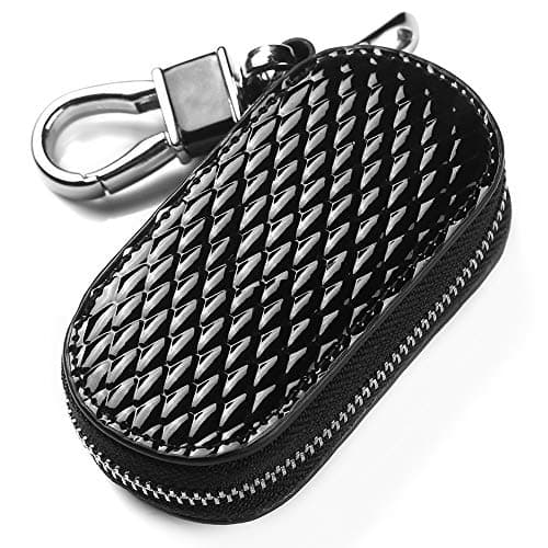 QIAOBA Car Key case, Genuine Leather Car Key Fob Cover Universal Zipper Car Key Holder Case Bag with Car Keychain, Black