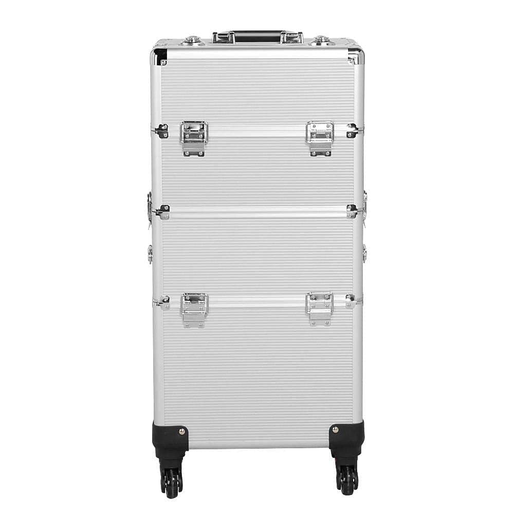 4 in 1 Make Up Trolley Bag Aluminum Cosmetic Makeup Organizer Train Cases Portable Cosmetic Cases Trolley with 4 Removable Travel Wheels - Silver
