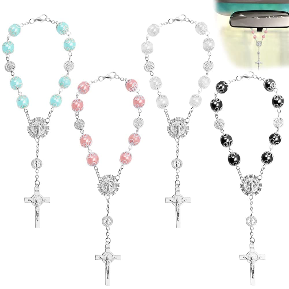 4 Pcs Rosary Beads Catholic, FineGood Cross Car Mirror Hanging Accessories for Women Blessing Rear View Mirror Pendant Car Decor Interior