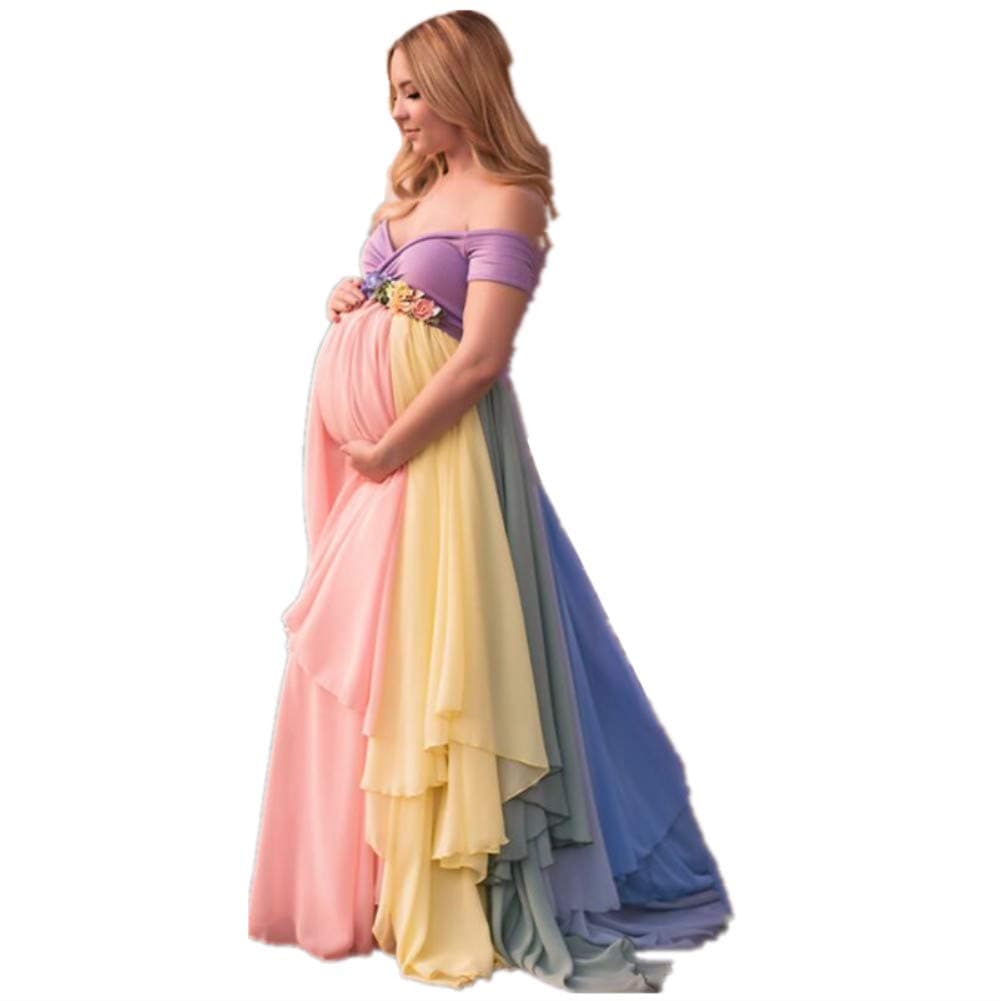Rainbow Maternity Evening Dress High Waist for Pregnant Women Plus Size Lace up Back