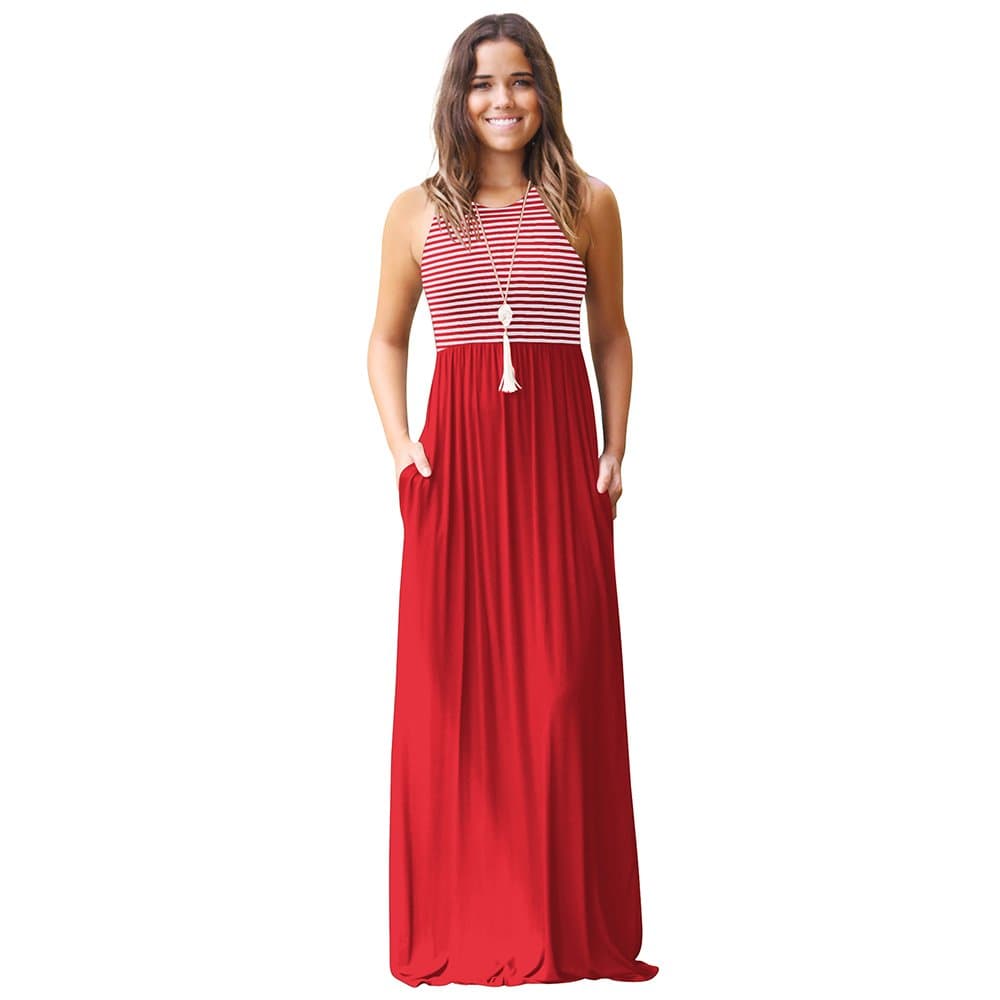 Women Casual Sleeveless Long Maxi Dress Stripe Tunic Pocket Swing Dress Red