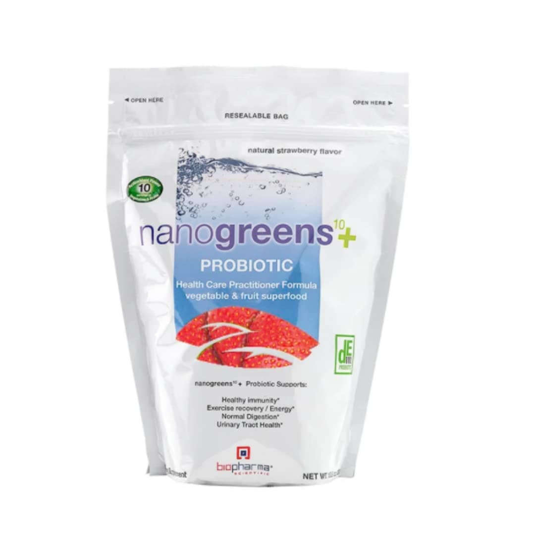 Biopharma Scientific Nanogreens+Probiotic: Greens Superfood Fruit & Vegetable Powder Smoothie Mix & 5 Billion Probiotics for Digestive Health with Spirulina, Chlorella, Strawberry Flavor, 30 Servings