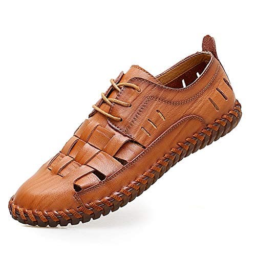 Moodeng Men`s Closed Toe Leather Sandals Sport Outdoor Sandals Summer Lace up Shoes Causal Fisherman Shoes Brown