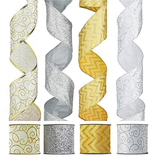 24 Yard Gold and Silver Ribbon Rolls Wired Edge Organza 2.5" Wide Metallic with Glitter for Christmas Bows Tree Holiday Wrap Sparkly for Making Wreaths 4 Rolls x 6 Yards