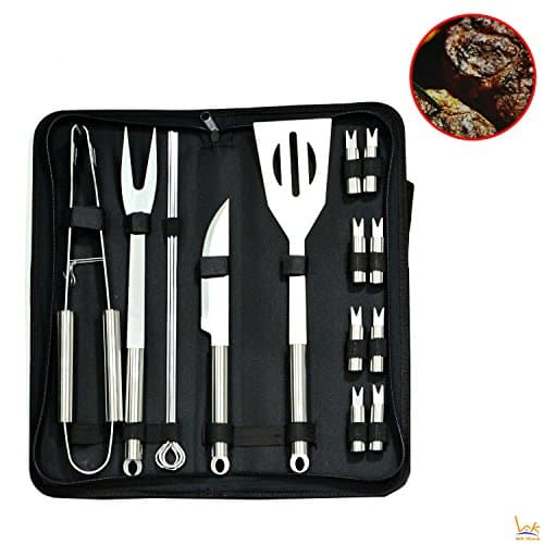 WK Home BBQ Grill Tools with Carrying Case Stainless Steel Tools Complete Barbeque Tongs, Spatula, Fork, Knife, Corn Holders, Skewers - 16 Piece Set
