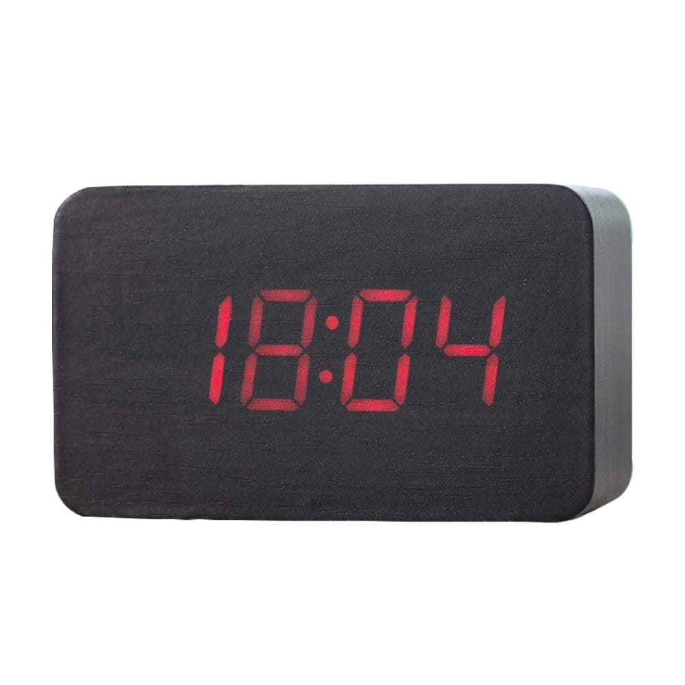 SPA Tool Alarm Clock LED Digital Clock Wooden Alarm Clock Acoustic Control Battery or USB Powered Mini Rectangle Wood Clock Desk Clock Time Display & Voice Control (Black Wood Red LED)