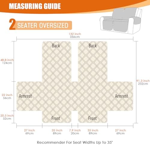 VANSOFY Waterproof Recliner Couch Covers, Sofa Covers 1-Piece Washable Reclining Sofa Cover Non-Slip Furniture Protector with Elastic Straps Pocket for Dogs, Pets(Light Gray,Oversized 2 Seater)