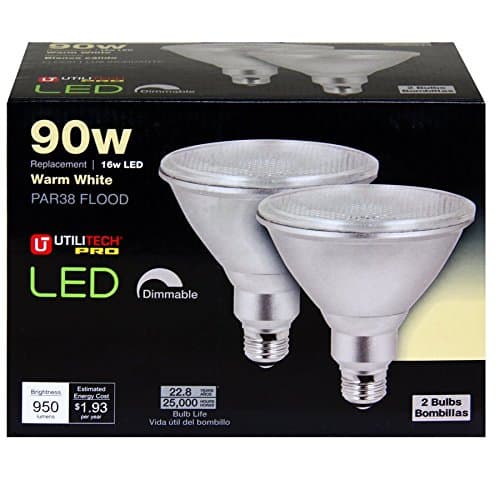 Utilitech 596933 2-Pack 16-Watt (90W Equivalent) PAR38 Medium Base Warm White Dimmable Outdoor LED Flood Light Bulbs