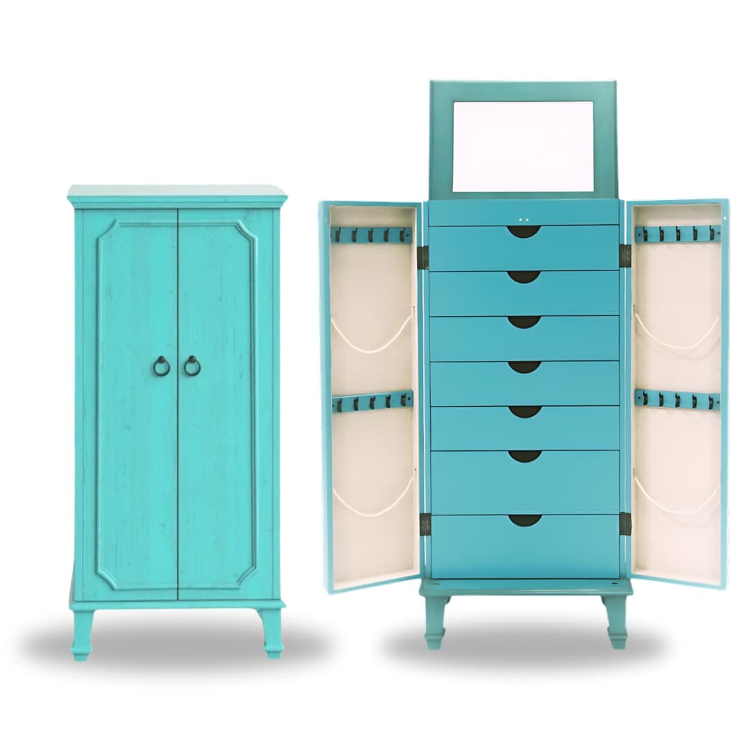 Hives and Honey Cabby Standing Jewelry Armoire – Fully Locking Wood Jewelry Storage with Mirror, 7 Drawers, Necklace Hooks, and Anti-Tarnish Lining — Turquoise