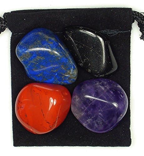 EPILEPSY RELIEF - Professionally Selected Tumbled Crystal Healing Set with Pouch & Description Card - Amethyst, Dumortierite, Jasper, and Black Tourmaline Genuine Gemstones