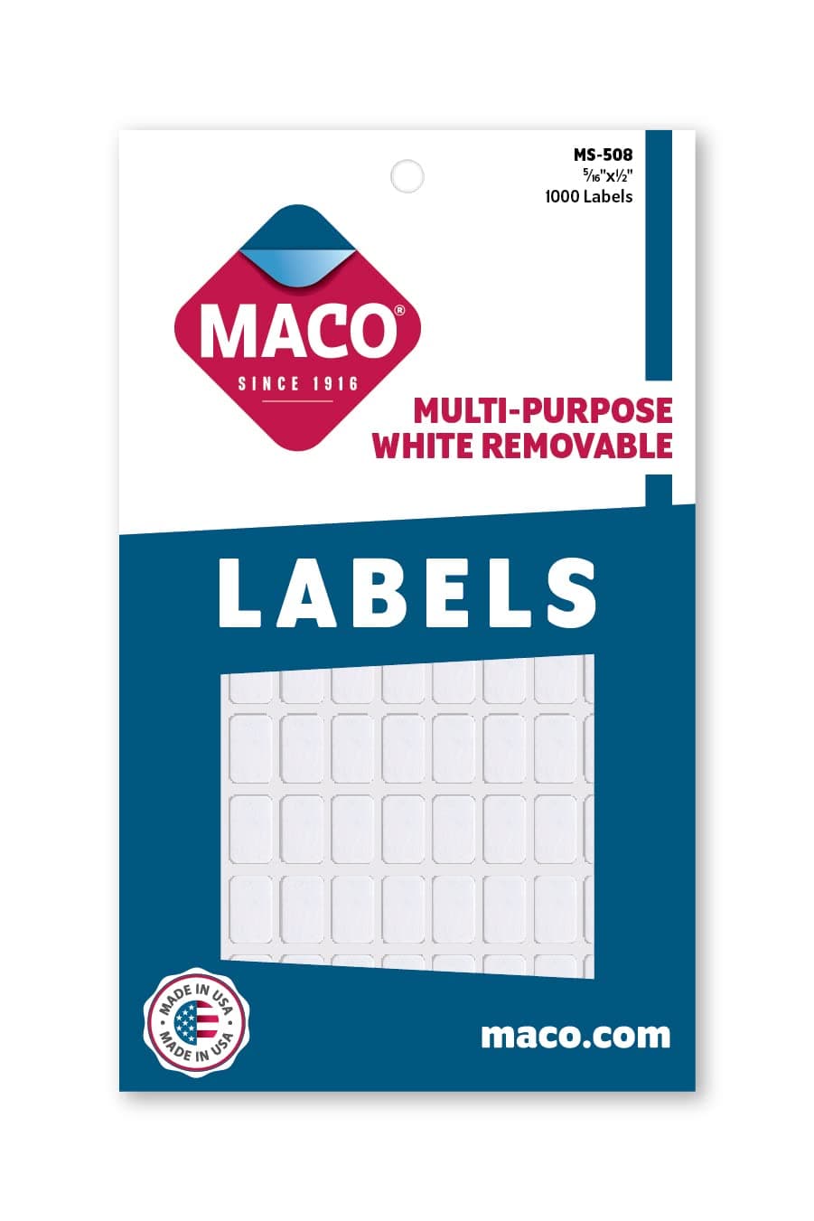 MACO White Rectangular Multi-Purpose Labels, 5/16 x 1/2 Inches, 1000 Per Box (MS-508)