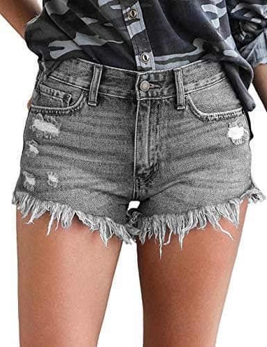 Women's Mid Rise Frayed Ripped Raw Hem Denim Jean Shorts