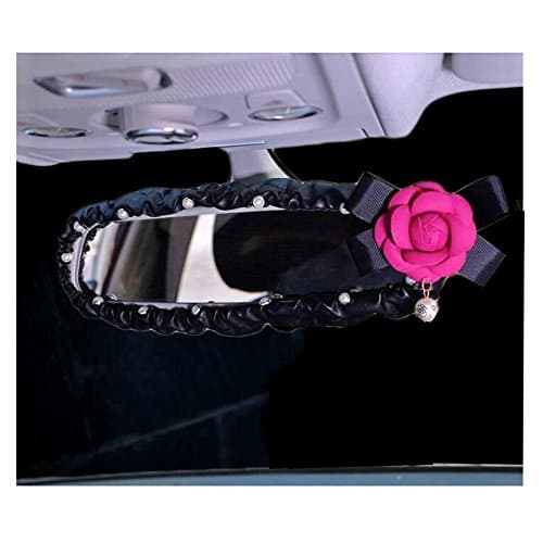 LuckySHD Black Pu Leather Car Rearview Mirror Cover with Camellia Flowers Decor Car Accessory