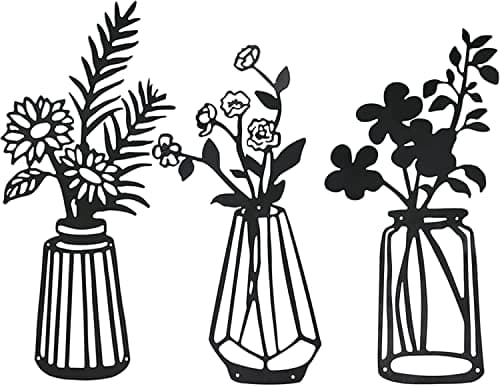 Larber 3 Pieces Metal Flowers Wall Decor Black Metal Wall Art Metal Floral Wall Sculpture for Patio Balcony Living Room Bathroom Bedroom Dining Room Kitchen Decorations