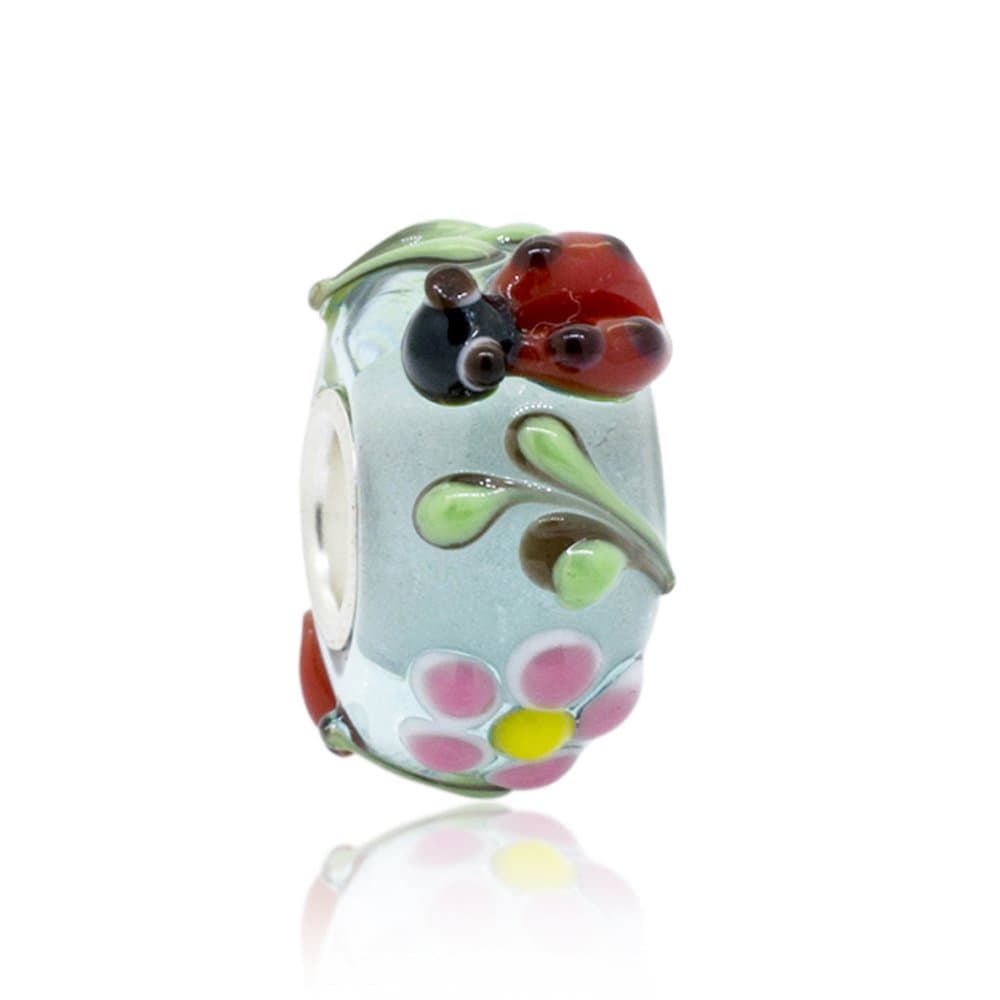 Spring Lady Bug Flower Blue Murano Glass 925 Sterling Silver Core Bead Fits Pandora Charm Bracelet