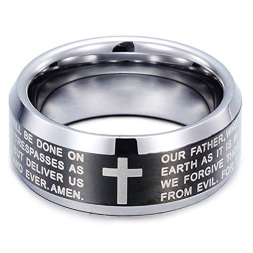 Fashion Month Men 8mm Black Silver Tungsten Carbide Ring English Bible The Lord's Prayer Cross Two-Tone Band ComfortFit Size 9