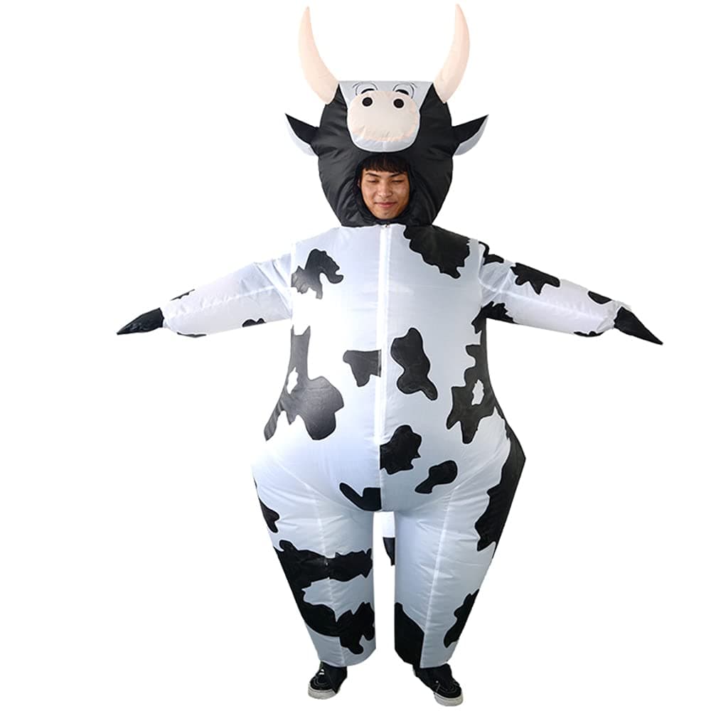 ZISUEX Inflatable Cow Costume Adult Cow Blow Up Suit Halloween Costume Jumpsuit Fancy Party Christmas Inflatable Suit (White, L:4.9ft to 6.2ft)