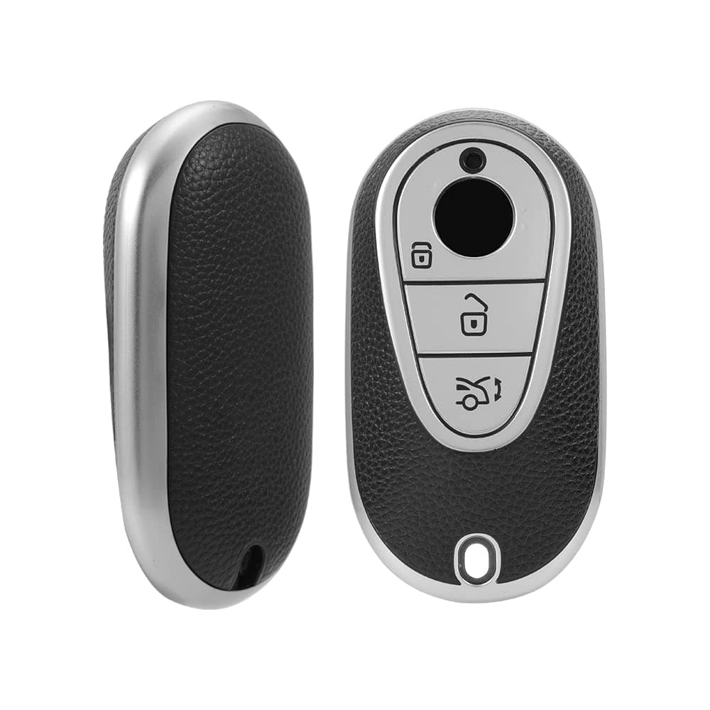 Keyzone Leather TPU Key Cover Compatible for Mercedes Benz S-Class G-Class E-Class 2022 Onwards 3 Button Smart Key (Black)