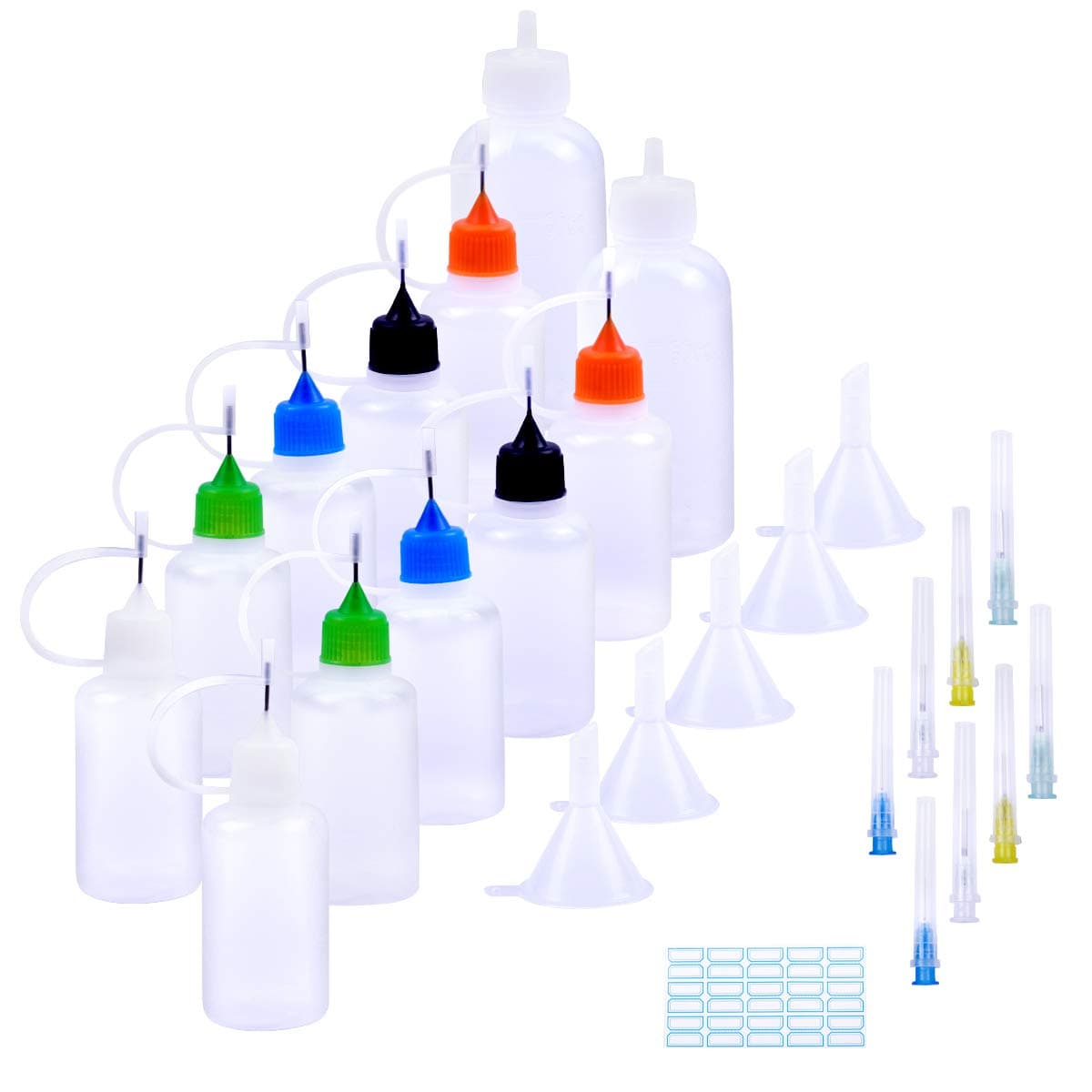 Moi Doi Needle Tip Applicator Bottle,Precision Tip Squeeze Bottles Set,10 Pcs 1 Ounce Quilling Tool Glue Bottle with 18 Gauge Needle Tip, Bonus Four Size Needle Tip/Funnel for DIY Craft