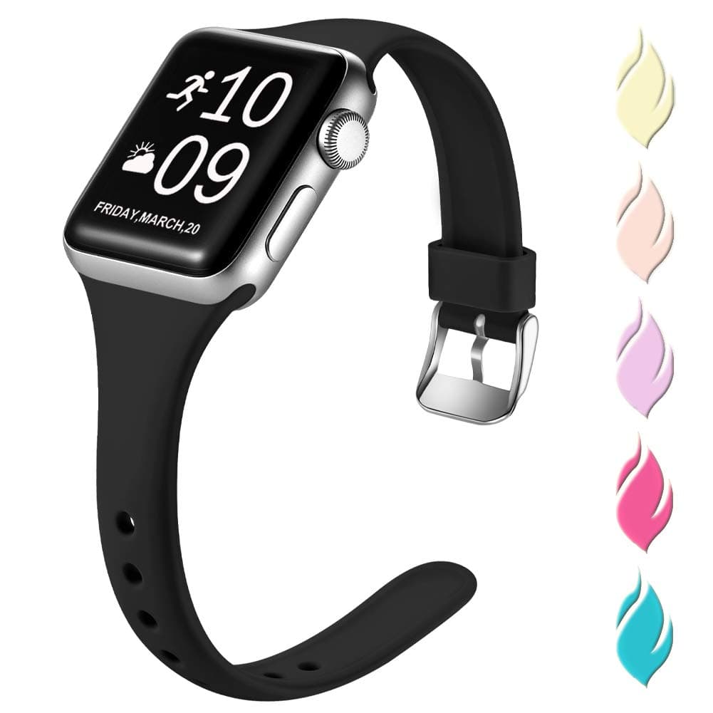 Henva Slim Band Compatible with Apple Watch SE 40mm 38mm, Replacement Accessories Soft Band Wristbands with Stainless Steel Buckle for Apple/iWatch Series 6/5/4/3/2/1, Black, S/M