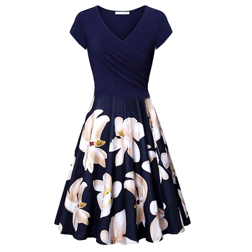 Zainafacai Flare Dress,Women's Deep V Neck Short Sleeve Unique Cross Wrap Casual Flared Midi Dress