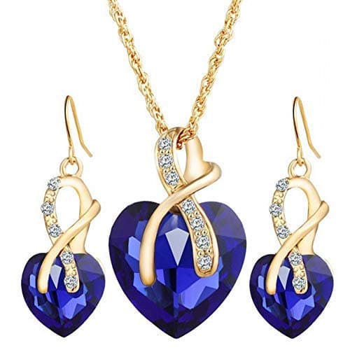weelGift! Gold Plated Jewelry Sets For Women Crystal Heart Necklace Earrings Jewellery Set Bridal Wedding Accessories (blue)