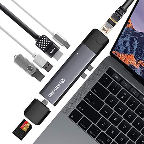 USB Type C, HOGORE Modular Thunderbolt 3 Adapter Dual USB C Docking Station Compatible MacBook Pro 2018/2017/2016 TB3(40Gbps),Pass-Through,4K HDMI,Gigabit Ethernet,Micro/SD,3USB3.0