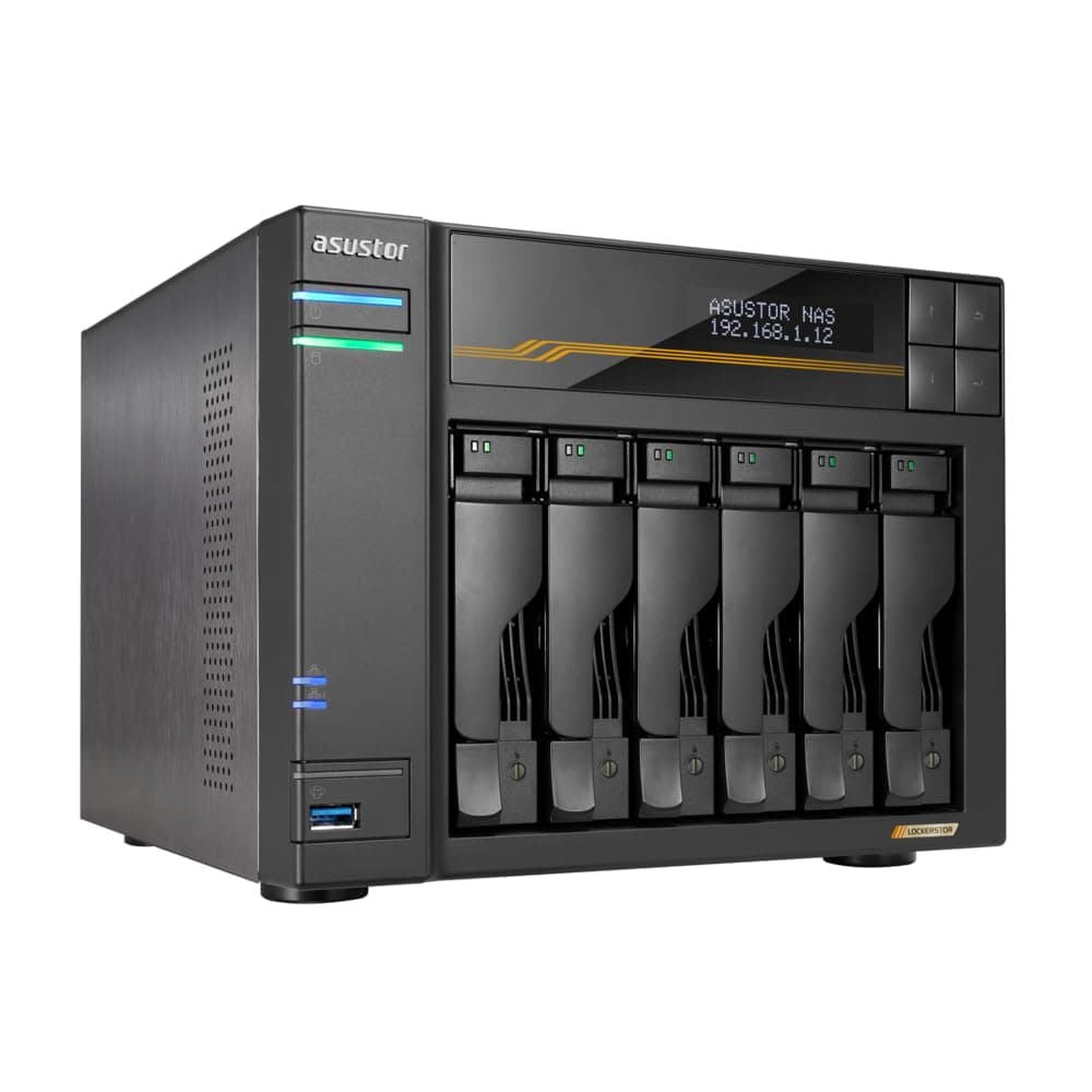Asustor Lockerstor 6 Gen3 AS6806T 6 Bay NAS, AMD Ryzen Quad-Core 2.3GHz, 16GB ECC DDR5, 4 M.2 NVMe Slots, Dual 5GbE and 10GbE, Network Attached Storage for Video & Content Creator (Diskless)