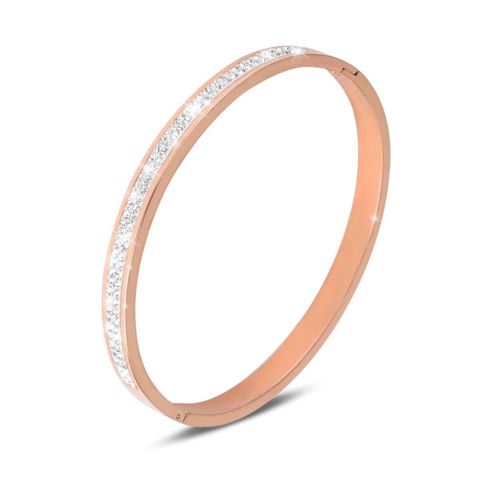 LETS MEETi High Polished Rose Gold Color Stainless Steel Hinged Band Bangle Cubic Zirconia Bracelet for Women Fashion Jewelry