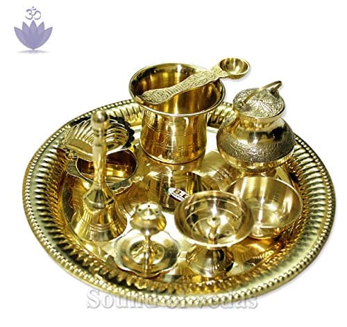 SOV Pooja Thali in Shining Brass with Tilak, Akshat, Ghanti (Bell), and Small Kalash