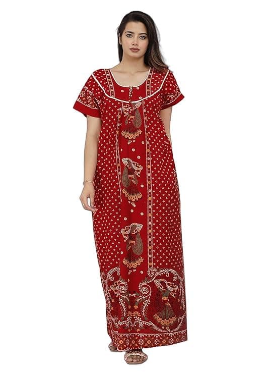 GenericWomen's Stylish Cotton Gujiri red Zip Nighty ! Kalamkari Nighty (XXL, Red)