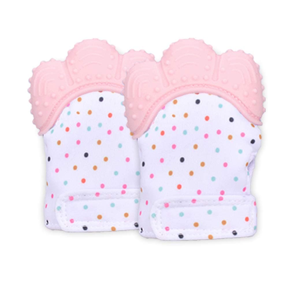 Baby Teething Mitten, HOOYEE Self Soothing Pain Relief Hand Glove Teether Toys, BPA-Free Food Grade Silicone Mitt Prevent Scratches Protection Glove for 3-18 Months Baby (2 Mittens - Pink)