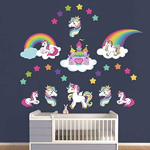 Runtoo Unicorn Wall Sticker Rainbow Princess Castle Wall Decal Art Girls Bedroom Baby Nursery Kids Room Wall Decor