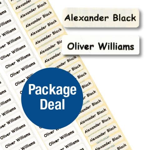 Name Tag PACKAGE DEAL - Iron-on Nametapes & Peel & Stick Property Labels (100 Iron-on & 100 Peel&Stick)