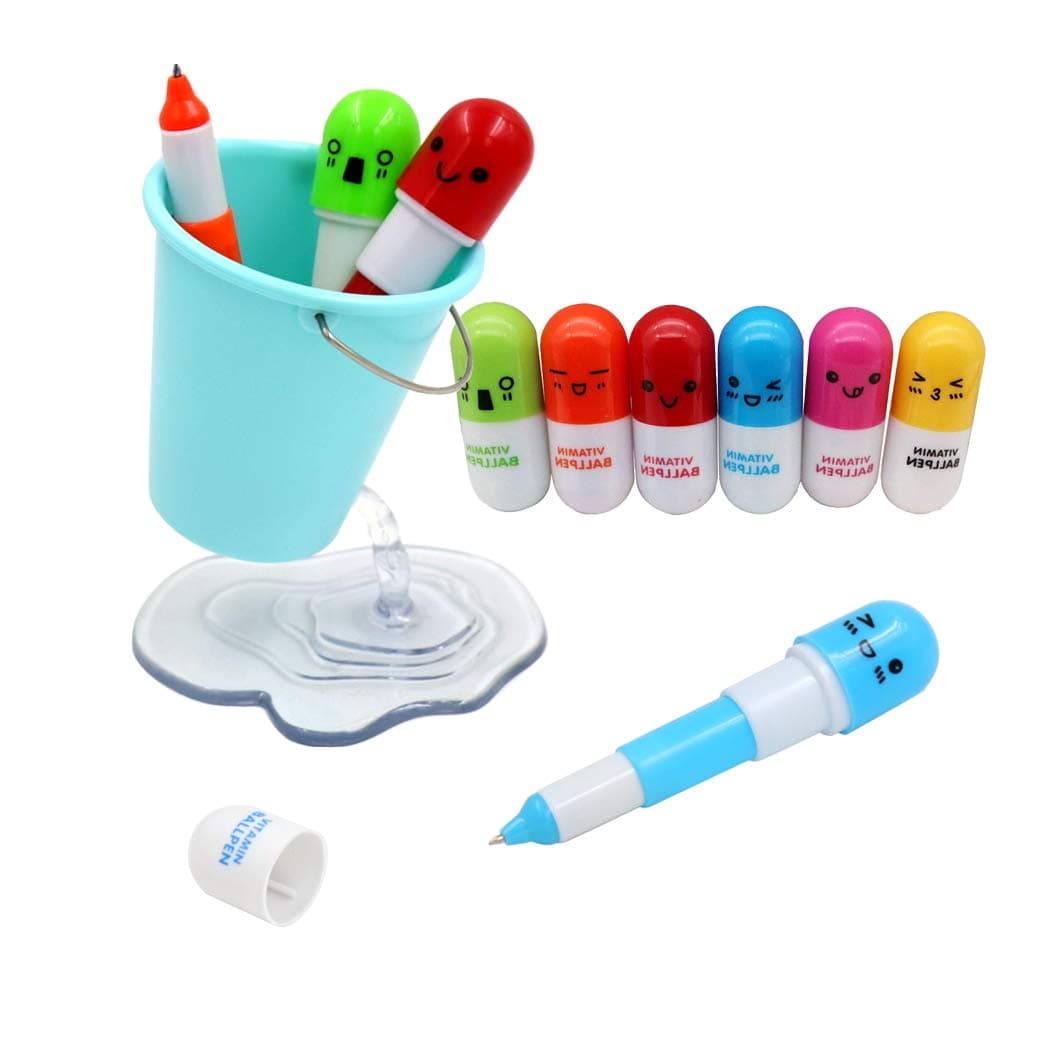 1PCS Bucket Pen Holder + 10PCS Random Color Pill Pens, Pencil Holder and Cute Smiling Face Pill Shape Ballpoint Pen, Design Floating Container Cute Pen Holder For Desk - Blue