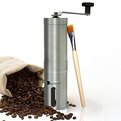 Prime Deal Manual Ceramic Coffee Grinder Galleany - Best Adjustable Conical Ceramic Burr - Hand Coffee Mill Stainless Steel- Aero press Compatible - Portable with Cleaning Brush
