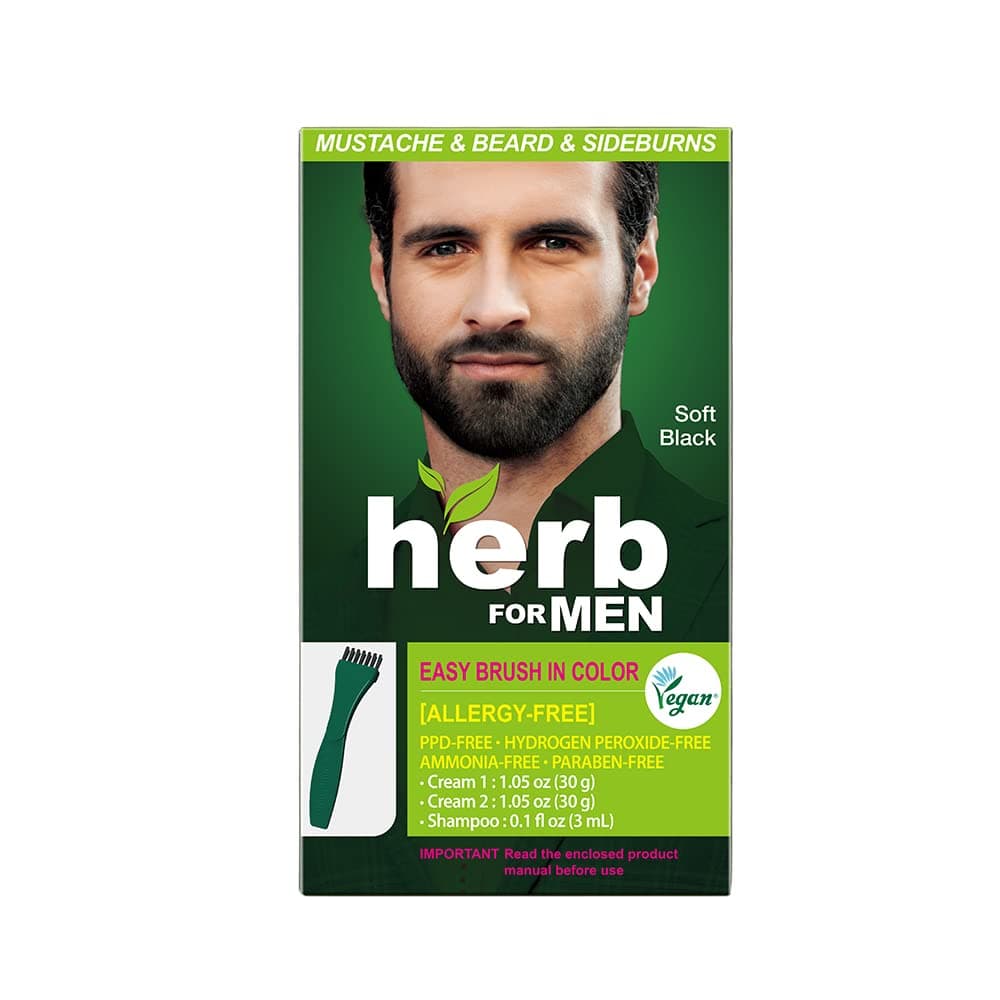 Herb For Men, PPD & Ammonia Free Mustache & Beard Dye, Vegan Natural Ingredients, Odorless, No More Skin Irritations from Coloring for Sensitive Skin – Soft Black.