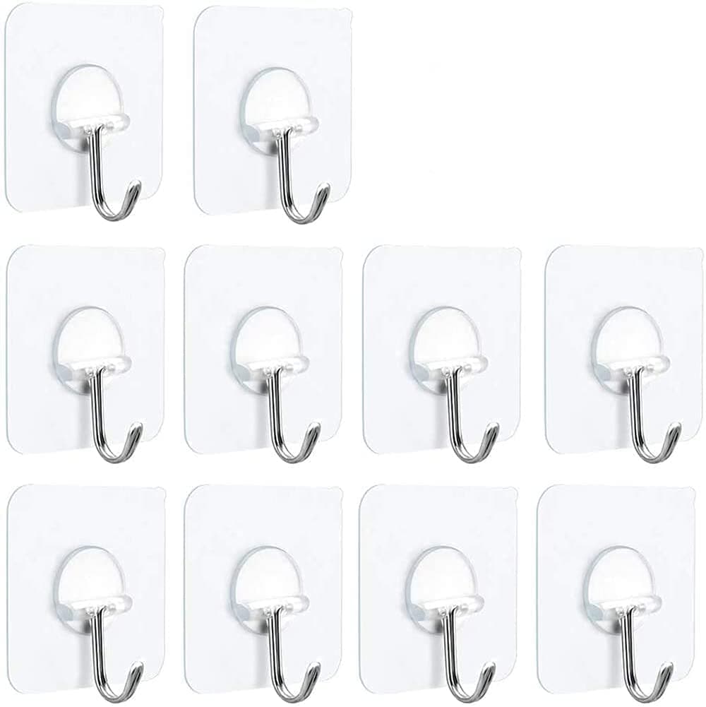 Adhesive Hooks Heavy Duty 15lbs(Max) Reusable Seamless Transparent Shower Stick on Hooks for Hanging Bathroom Kitchen Outdoors -10 Pack